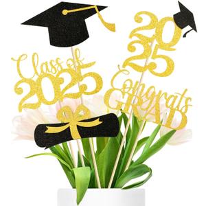 Graduation Decorations 2025  20PCS Graduation Centerpieces for Tables in 5 Black & Gold Designs, Class of 2025 Table Decorations for Grad Party, Photo Props/Flower Arrangement
