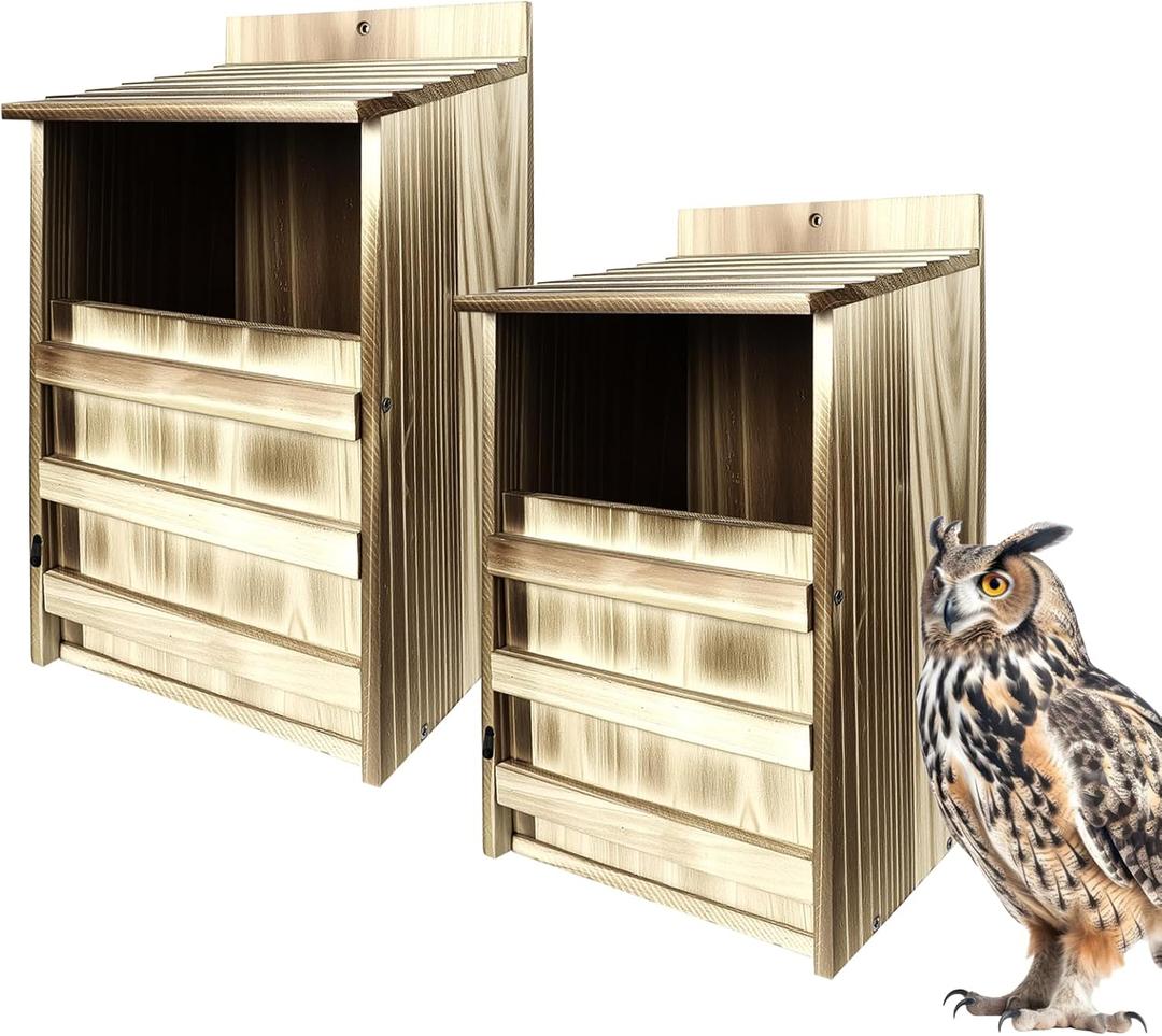 2 Pack Rectangle Owl Houses, Bird Houses for Outside, Wooden Owl Nest Box Large Opening Screech Outdoor Bird's Box, for Wildlife Screech, Barred, Great Horned, Barn Owls, Assembly Required