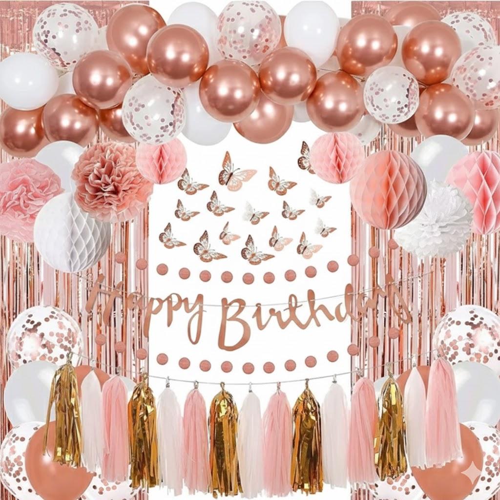Rose Gold Birthday Party Decorations Kit for Women Girls, Foil Confetti Rose Gold Balloon Pink Happy Birthday Banner Fringe Curtains Butterfly Decor Circle Dots Tassels Pompoms Party Supplies