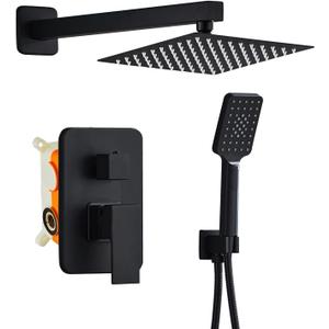 8 Inch Shower System with Tub Spout, Black Shower Faucet Set for Bathroom, Square High Pressure Shower Head, 2-Setting Handheld Faucets Sets, Wall Mounted Rainfall Shower Valve Kit