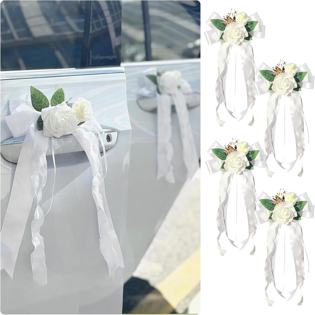 4PCS Wedding Car Door Handle Decorative Flowers, White Artificial Cars Bouquet Flower Bowknot Ribbon Decor, Just Married Automotive Decorations Accessories for Door Handles