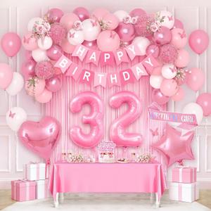 Pink 32nd Happy Birthday Decorations for Women Girls, Pink and White 32nd Birthday Party Packs with Foil Number 32 Balloons, Happy Birthday Banner, Fringe Curtains, Birthday Sash Party Supplies