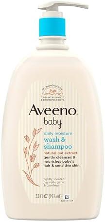 Aveeno Baby Daily Moisture Gentle Bath Wash & Shampoo with Natural Oat Extract, Hypoallergenic, Tear-Free & Paraben-Free Formula For Sensitive Hair & Skin, Lightly Scented, 33 fl. oz