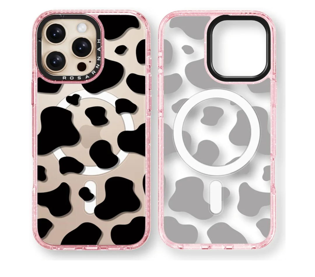 for iPhone 16 Pro Max Case Cute - Compatible with Magsafe - Durable Shockproof 6.6 ft Drop Impact Phone Case - Funny Milk Cow Print Design (6.9") Glitter Pink