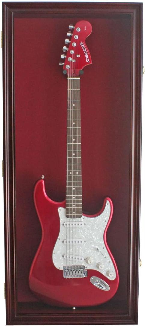 DisplayGifts 42" Electric Guitar Display Case Cabinet Shadow Box with Guitar Hanger Stand, Lockable UV Protection Red Felt Interior with Mahogany Finish Frame