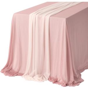 Ling's Moment Sheer Chiffon Table Cloth & Runner Set for 3x4ft Rectangle Table Decor in Dusty Rose & Blush for Wedding Reception and Parties (9ft x 10ft)