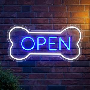 Led Neon Open Sign For Business, Dog Bone Neon Sign Art Pet Shop, Welcome Sign For Business Walls Window Bar Salon Art Hotel Wall Decor (White And Blue-Open)