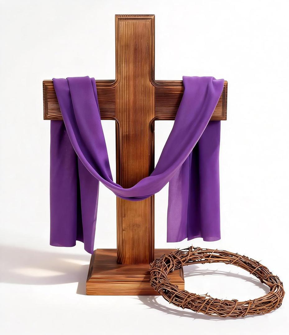 Blayvorn Easter Standing Wooden Cross with Base, Crown of Thorns and Purple Cloth, 16.5" Altar Table Cross Decor for Lent Holy Week Church Display, Christian Religious Decoration