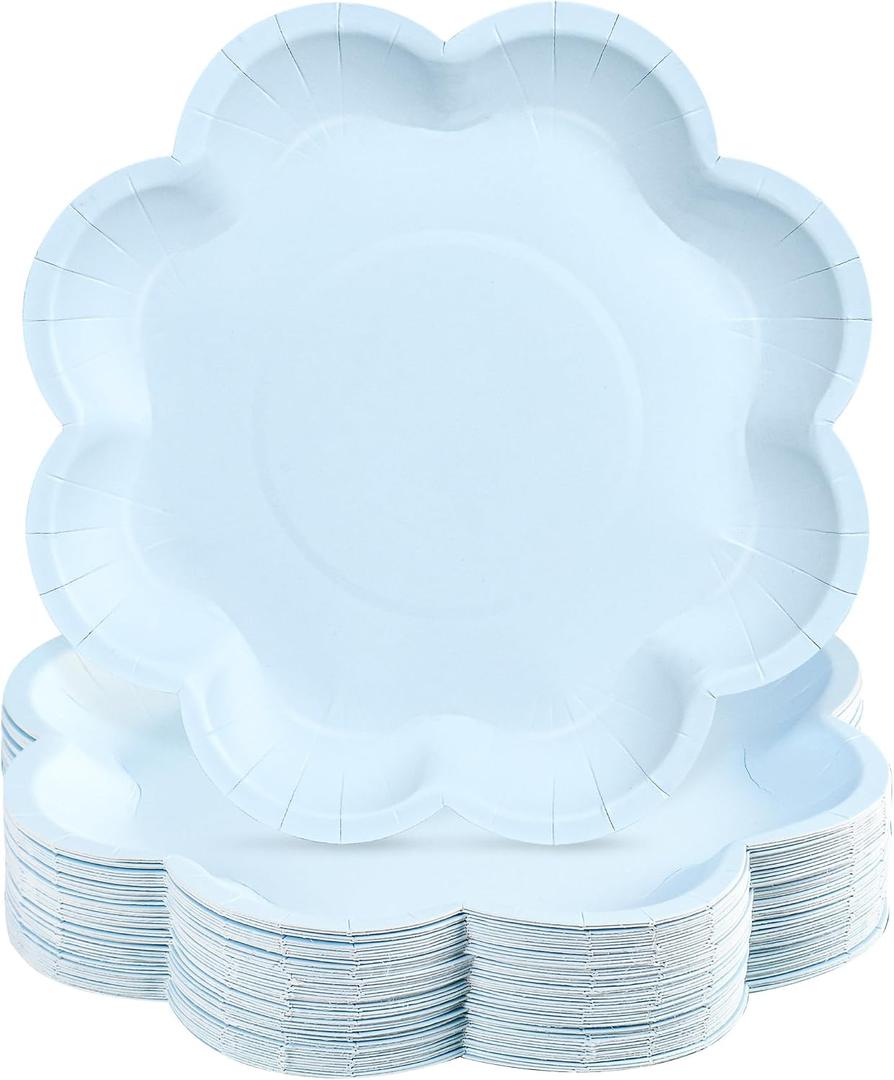 30 Pcs Light Blue Paper Plates 9 Inch, Blue Scalloped Dinner Paper Plates, Disposable Baby Blue Dessert Cake Party Plates for Baby Shower, Wedding, Bridal Shower, Birthday