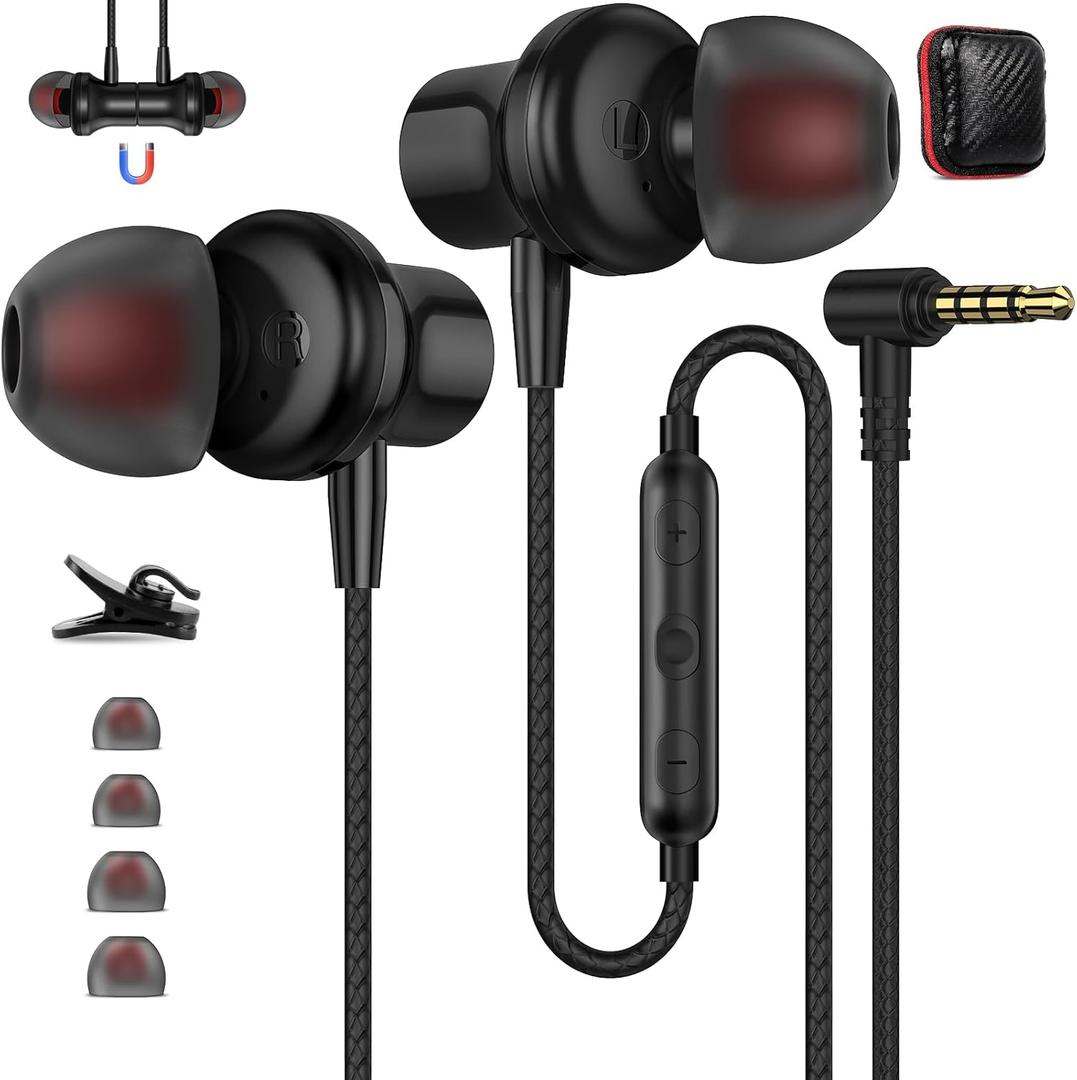 ASKUBSKU 3.5mm Headphones 5.9 ft Long Cord Wired Earbuds with Microphone Noise Cancelling Earphone HiFi Stereo Clear Call Volume Control Plug in 3.5mm Jack Wired Ear Buds for Laptop Chromebook PC (Black)