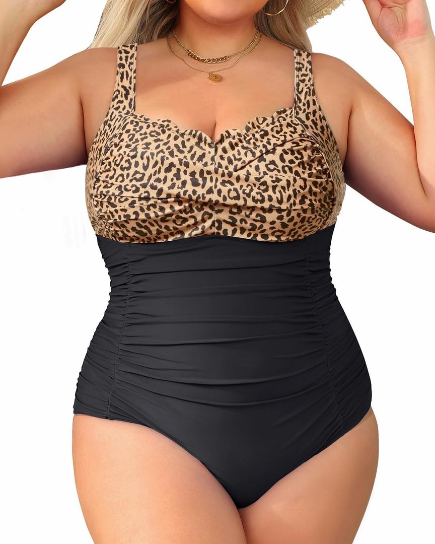 Aqua Eve Womens Plus Size One Piece Swimsuit- Tummy Control Bathing Suit Full Coverage Swimwear, 14 Plus, Brown Lepoard and Black