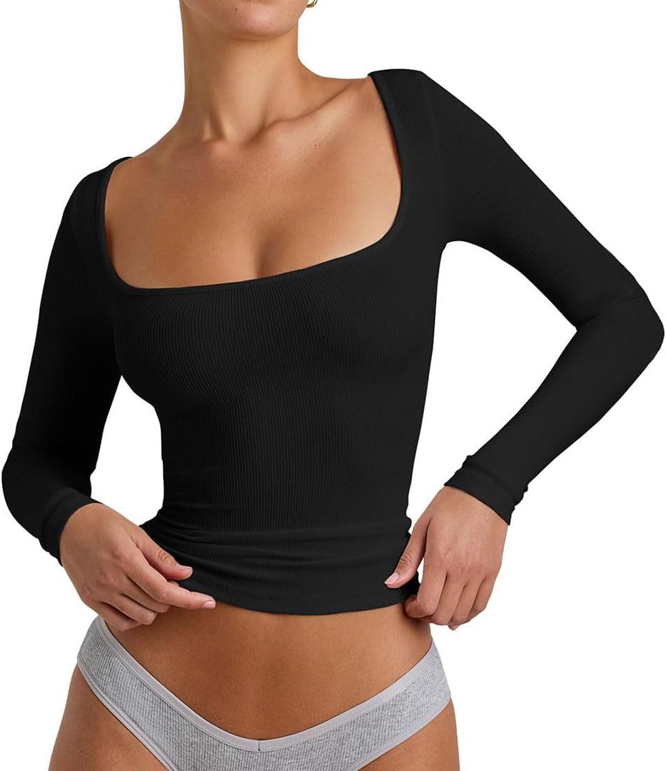 YFANG Women's Sexy Square Neck Long Sleeve Ribbed Kint T Shirts Casual Solid Slim Fitted Going Out Tops Black Medium (Black, M)