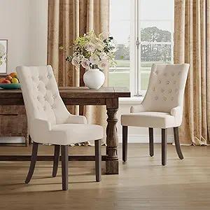 COLAMY Wingback Upholstered Dining Chairs Set of 2, Fabric Side Dining Room Chairs with Tufted Button, Living Room Chairs for Home Kitchen Resturant- Beige