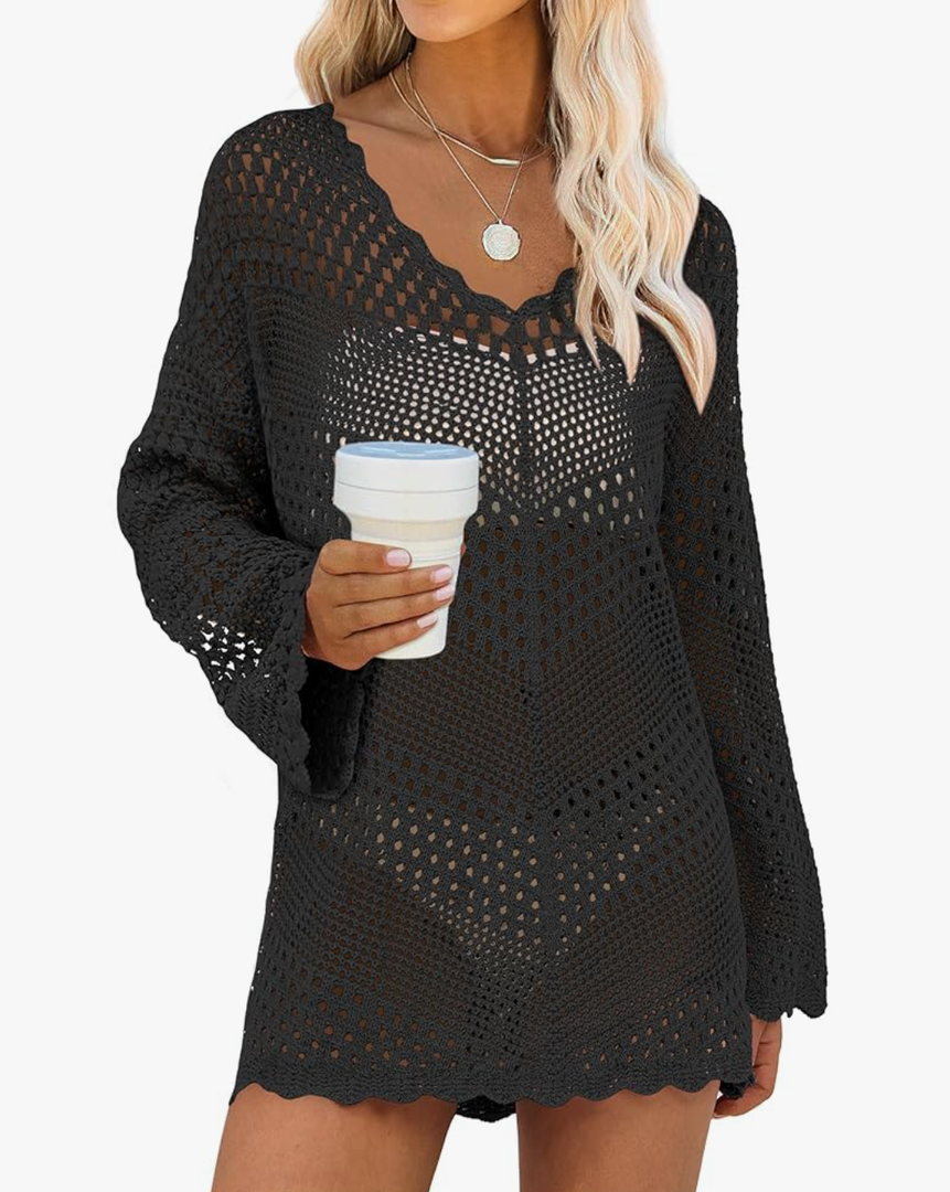 ANRABESS Women Swimsuit Crochet Swim Cover Up Summer Bathing Suit Swimwear V Neck Mesh Knit Beach Dress 2025 Vacation Outfits, L