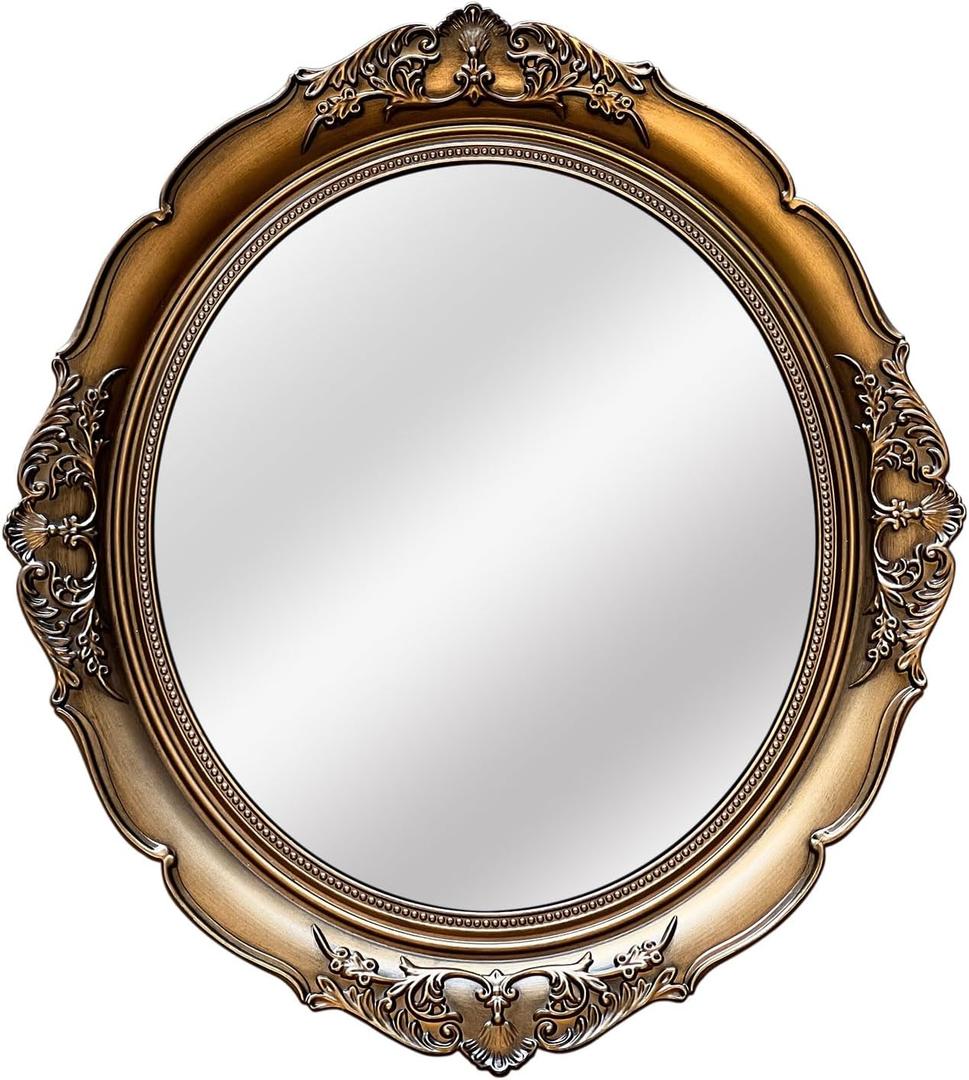 Zosenley Polyresin Ellipse Antique Emboss Decorative Mirror Tray, Makeup Organizer, Jewelry Organizer, Serving Tray, 15 * 13 Inch (Bronze)