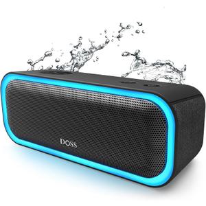 DOSS SoundBox Pro Bluetooth Speaker, 20W Stereo Sound, Active Extra Bass, 20H Playtime, Multi-Colors Lights, TWS Pairing, IPX6 Waterproof for Garden, Hiking, Camping, Outdoor, Party-Black