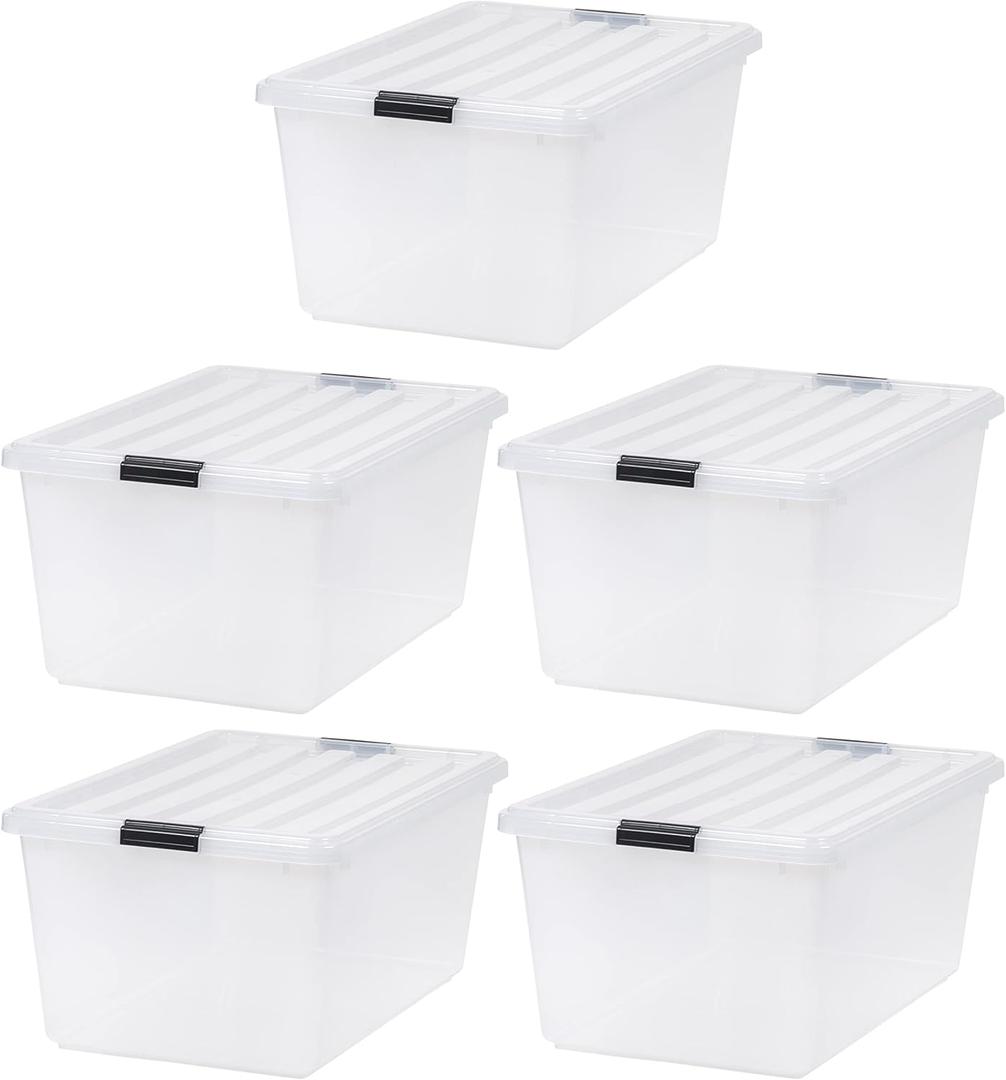 IRIS USA 68 Qt Stackable Plastic Storage Bins with Lids, 5 Pack - BPA-Free, See-Through Organizing Solution, Latches, Durable Nestable Containers, Secure Pull Handle, Made in USA - Clear
