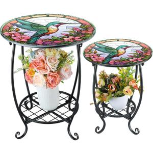Cinnvoice 2 Pcs Outdoor End Table 12" and 16" Small Patio Side Round Mosaic Accent Indoor End Plant Metal Coffee Tea Table for Yard Porch Garden Patio Living Room (12" and 16", Hummingbird Style)