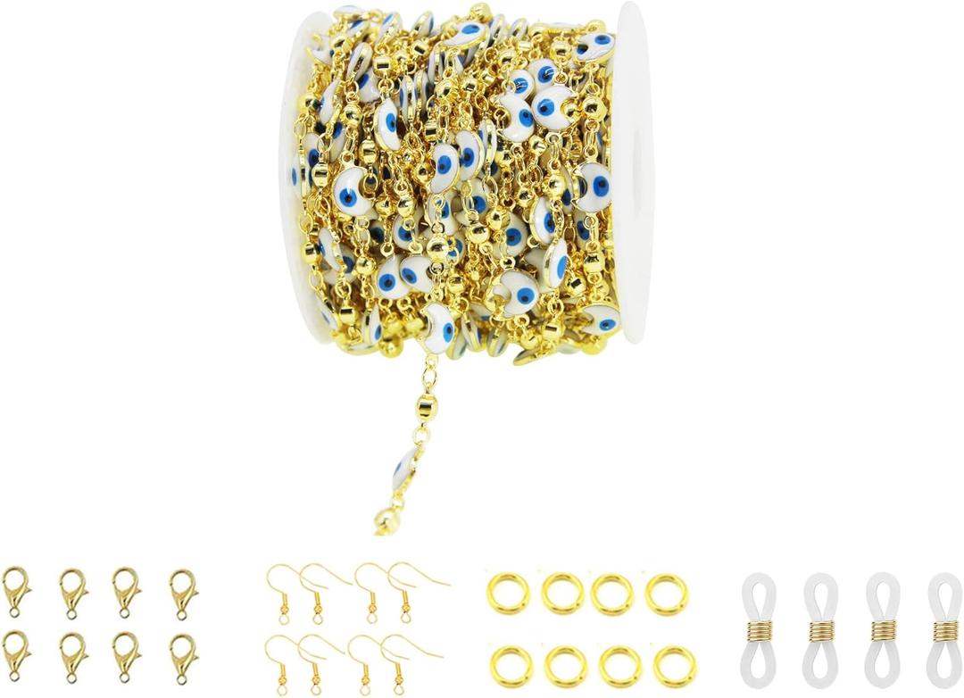 PAMIR TONG Handmade Turkish Evil Eye Beaded Link Chain with Golden Plated Brass Findings for Bracelet Necklace Glass Mask Decoration Shoes Clothes Jewelry Making (CC49)