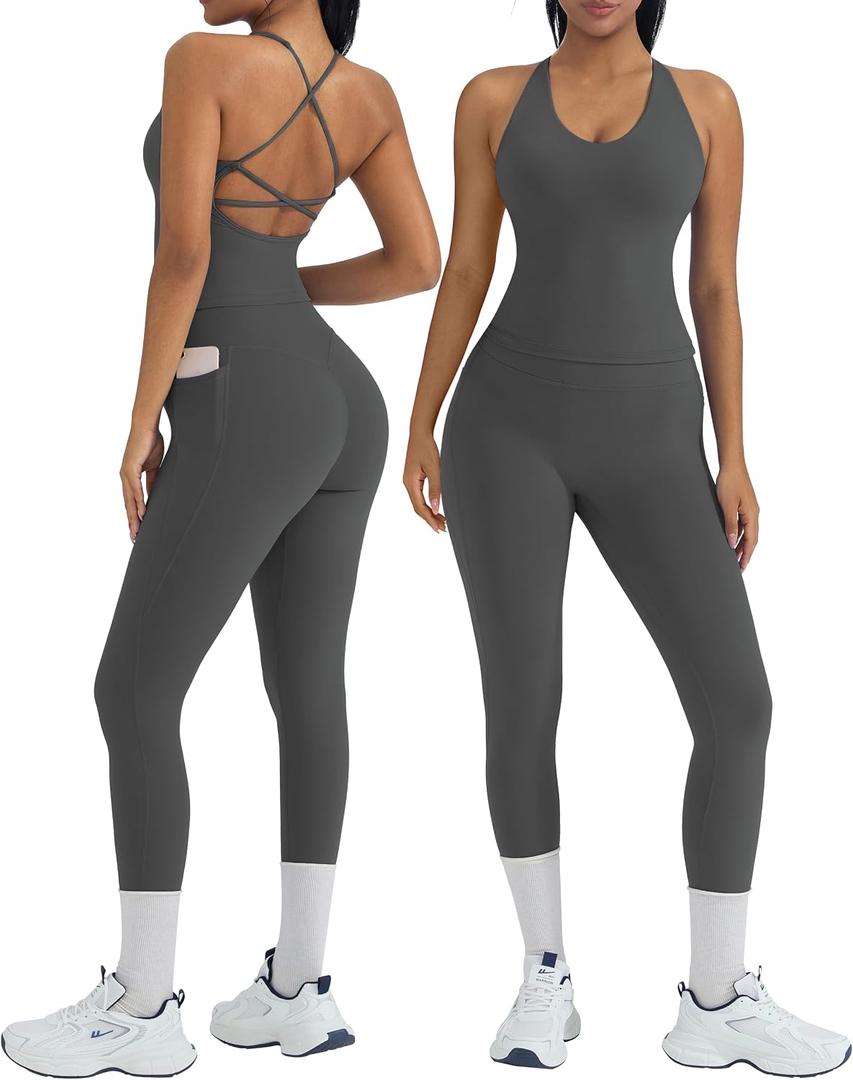 OMKAGI 2 Piece Workout Sets for Women Padded Workout Tops Booty Leggings with Pockets Gym Sets (Gray, M)