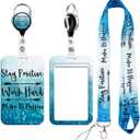 Cute Cat Lanyards for ID Badges & Stay Positive Lanyards for ID Badges, Badge Reel Retractable Badge Holder with Lanyard for Teacher, Women, Kids