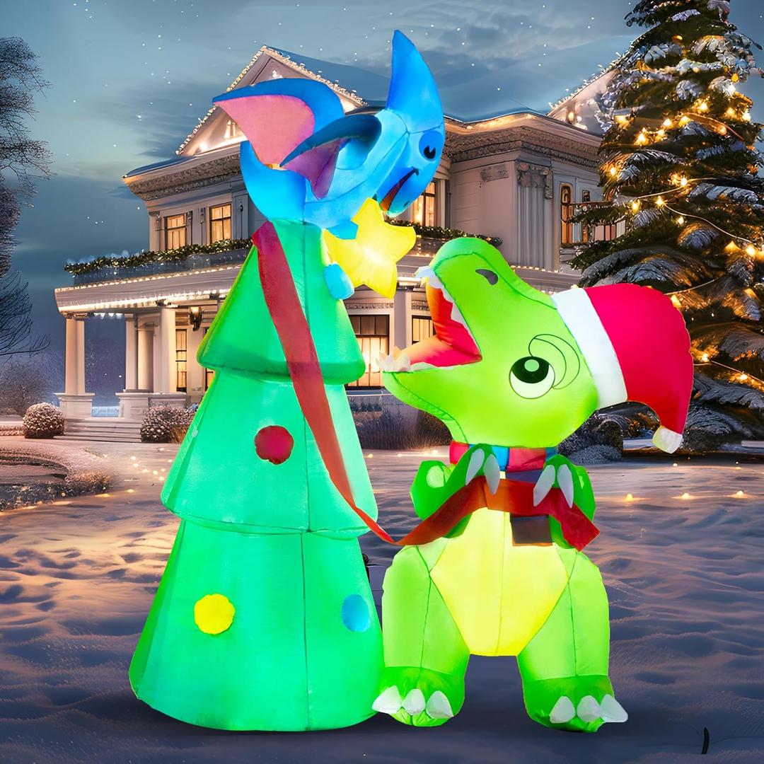 Joiedomi 7 FT Christmas Dinosaur Inflatable Decoration, Dinosaur Decorating a Christmas Tree Inflatable with Built-in LEDs Blow Up Xmas Tree for Party Outdoor, Yard, Garden, Lawn Winter Decor