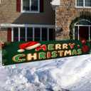 Merry Christmas Banner 118x20 Inches Green Backdrop Gingerbread Lettering Santa Hat Red Gloves Christmas Ornaments Holiday Wall Hanging Indoor Outdoor Winter Party Decoration