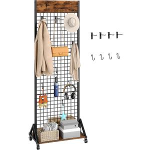 CHOEZON Grid Wall Panel, 2’ x 5.7’ Ft Floor Standing Gridwall Display Rack, Retail Display Stand, with 4 S-Shaped Hooks and 4 Garment Hooks for Entryway Kitchen Outdoor, Rustic Brown and Black TCJ27BF