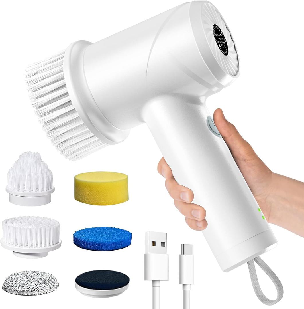Electric Spin Scrubber - Cordless IPX7 Waterproof Shower Scrubber with 2 Speed Settings and 6 Replaceable HeadsElectric Cleaning Brush for BathroomKitchen and Windows