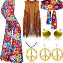 Haull 7 Pcs 60s 70s Disco Hippie Outfits for Women Halloween Costume Set Boho Flared Pants Fringe Vest Peace Sign (Small)