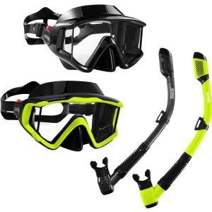 Aegend Snorkeling Gear for Adults Youth Kids, Snorkel Mask with Top Dry Valve - Panoramic View Anti-Leak and Anti-Fog with Mesh Bag for Snorkeling, Scuba Diving, Freediving & Swimming (2 PACK-Black & Yellow Green)
