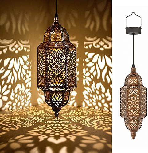 Twinkya 2 Pack Hanging Solar Lights Outdoor Garden Decorative Solar Lantern Waterproof Metal Moroccan Outdoor Decorations for Patio Pathway Yard Porch Backyard Garden Decor (Gold, 2 Pack)