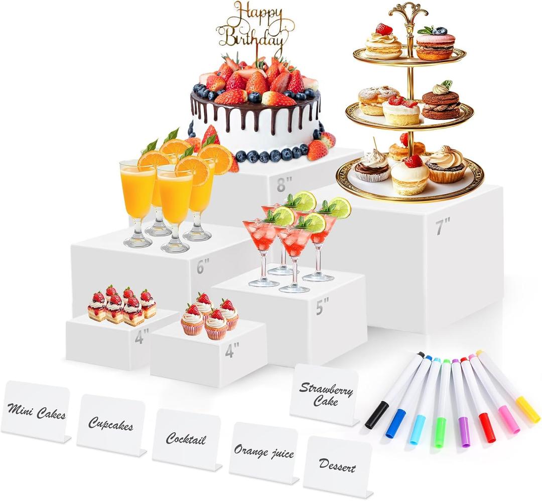 6 Pcs White Acrylic Buffet Risers with Mini Sign and Maker, Food Display Stands for Buffet Table Party Catering Dessert Jewelry Collectibles,Nesting Cube Boxes with Hollow Bottoms (8",7",6",5",4",4")