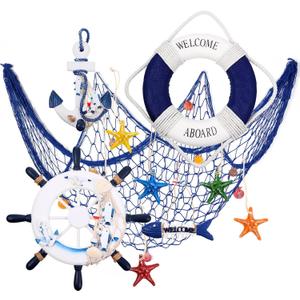 Marsui 11 Pcs Wooden Nautical Wall Decor Fishing Net Decorations, Include Decorative Fishing Net, Ship Wheel, Fish Skeleton, Life Ring, Anchor, Starfish Beach Decor for Mediterranean Party (Blue)