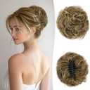 RUWISS Large Messy Bun Hair Piece with Claw Clip Human Hair Bun Wavy Curly Chignon Hair Bun Extensions Tousled Updo Hair Pieces for Women Claw Clip Ponytail for Women, Brown Mixed Light Blond (45g)