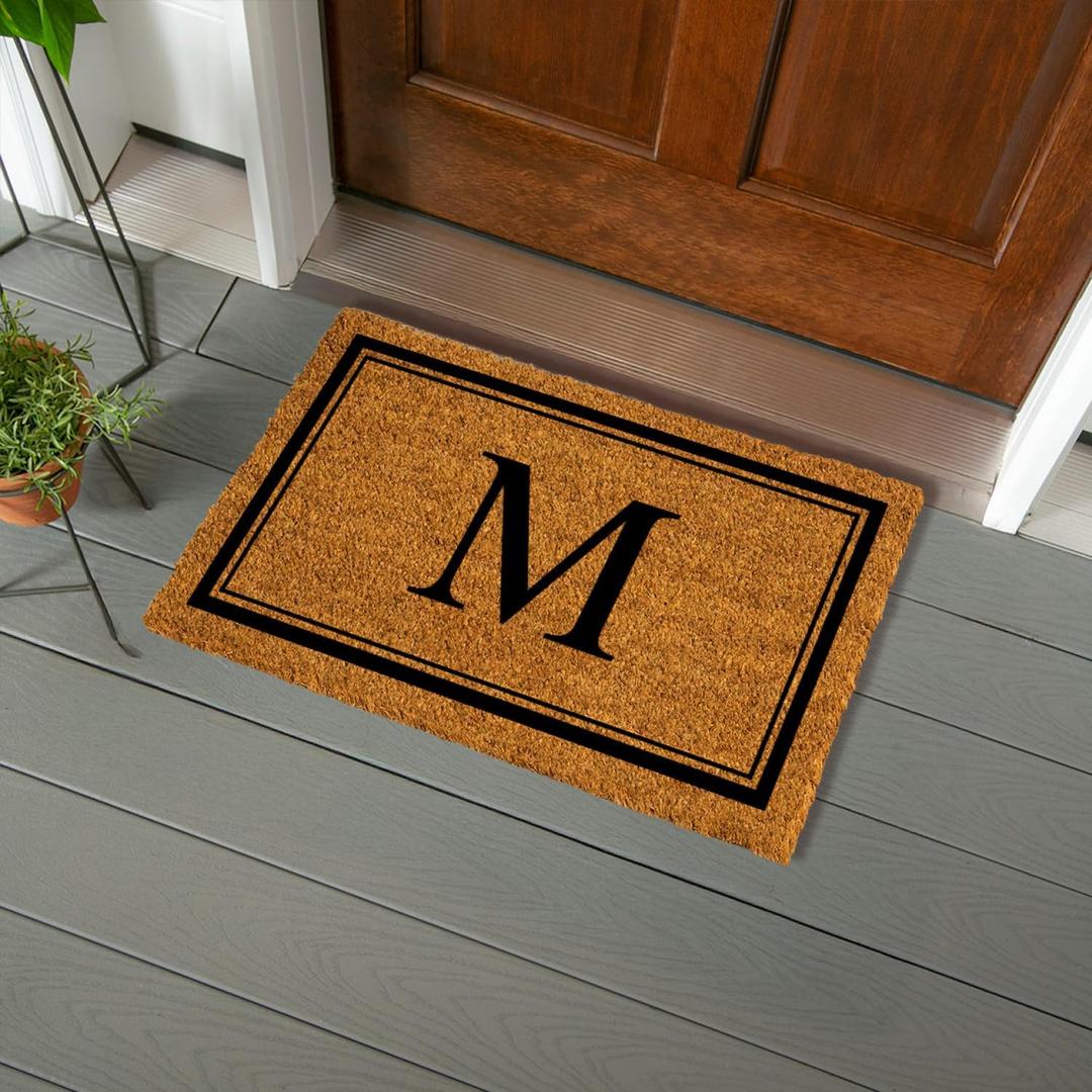 Evergreen Flag Monogram Letter M Entrance Doormat | 28 x 16 inches | Dirt Catching Natural Coir | All-Season | Non-Slip Backing | Indoor and Outdoor Home Decor