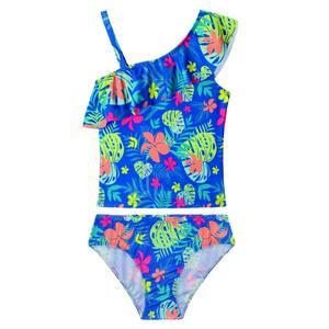 WhizBuzz Girls Bathing Suits Size 7-8 Years Old Purplish Blue Summer Beach Swimsuits One Shoulder Ruffle Swimwear
