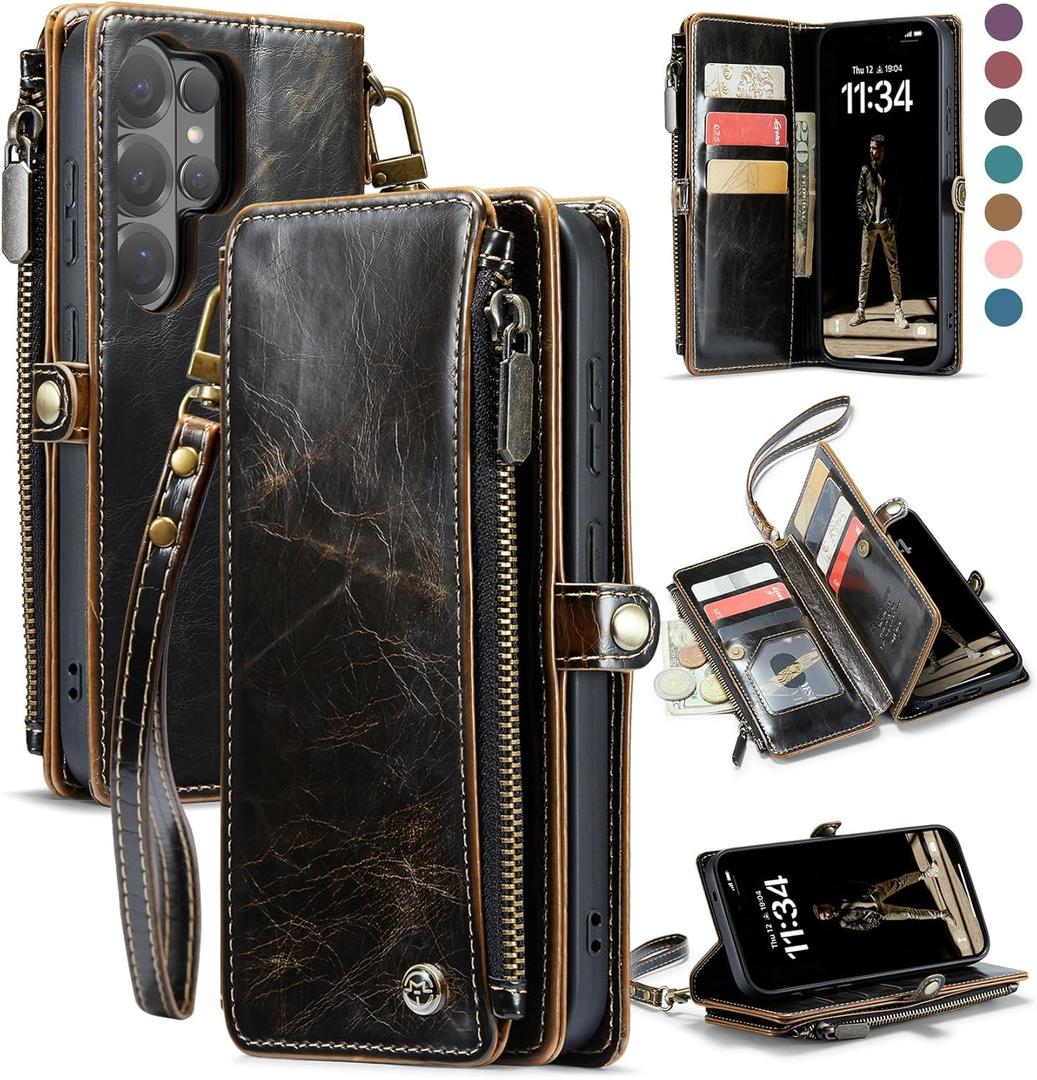 Defencase for Galaxy S26 Ultra Case Wallet with RFID Blocking Card Holder for Women Men, PU Leather Magnetic Snap Flip Wrist Strap Zipper Wallet Phone Cases for Samsung Galaxy S26 Ultra 6.9", Coffee