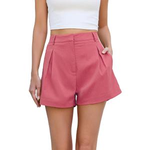 Allimy Womens Summer Box Pleats High Waisted Shorts Elastic Waist Lightweight Hidden Zip Shorts (Pink, S)