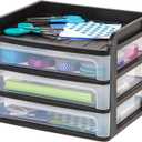 IRIS USA Plastic Desk Top 3-Drawer Storage Organizer with Paper Tray Top, 1-Pack, for Makeup Vanity Nail Polish Bathroom Stationery Art Craft Supplies Kitchen Office Garage Organization, Medium, Black