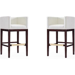 Manhattan Comfort Kingsley 30 Inch Mid Century Modern Bar Stools - Faux Leather Padded Seat, Classic Club Chair Design, Beech Wood Base with Footrest, Fully Assembled Barstools, Set of 2, Ivory