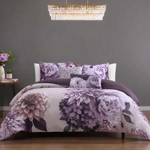 Bebejan Plum Petal 5 Piece Comforter Set, 100% Cotton Sateen, 220 Thread Count, Purple Floral Reversible Bedding Comforter Set, 1 Comforter, 2 Shams & 2 Pillows (Full/Queen)