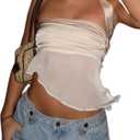 SOLY HUX Women's Ruched Satin Crop Tube Top Strapless Asymmetrical Mesh Sheer Tops with Scarf (Medium)