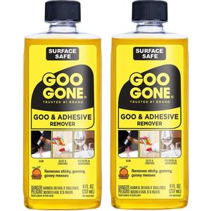 Goo Gone Adhesive Remover - 2 Pack - 8 Ounce - Surface Safe Adhesive Remover Safely Removes Stickers Labels Decals Residue Tape Chewing Gum Grease Tar Crayon Glue (8 Fl Oz (Pack of 2))