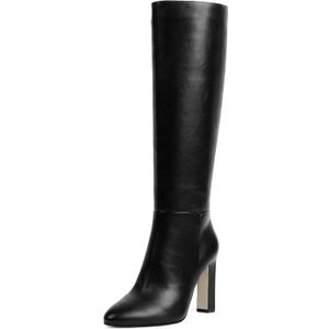 Women Knee High Boots Almond Toe Chunky Block High Heel Side Zipper Long Boots for Women (7, Black)