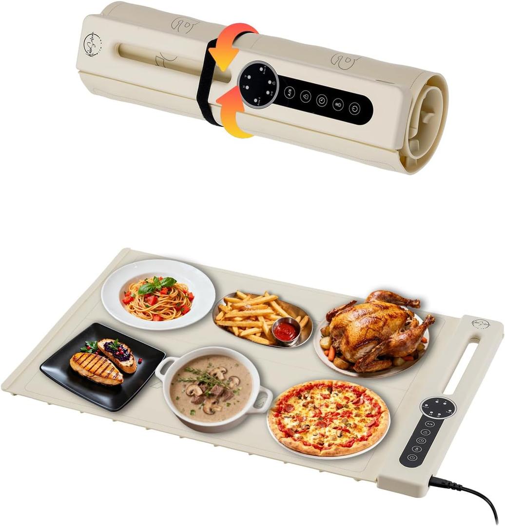 KokoSelene Food Warming Mat, Dual-Zone Heating Mat for Food with 7 Temp & Timer, 10s Fast Heat Flexible Silicone Warmer for Home, Parties, Buffet Serving (Cream-1 PCS)