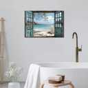 Window Beach canvas Wall Art Blue Coastal Ocean Windows Sea View Paintings Pictures Wall Decor Fake Window Frame Seascape Style Poster Printing Artwork for Living Room Bathroom Home Decoration, 24"L x 16"W