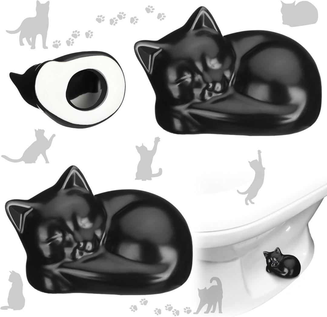 Wonderjune 2 Pack Toilet Bolt Caps Decorative Cat Toilet Bolt Screw Cover Caps Ceramic Cute Bathroom Decor Fun Themed Gadgets Replacement Parts(Black)