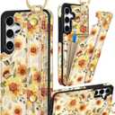 Petitian for Samsung Galaxy S25/S24 Case with Wallet - Women Girls Cute Girly Aesthetic Unique Design with Leather Credit Card Holder Cardholder Stand Wristband, Sunflower