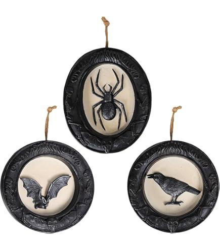 Chonsun Halloween Decorations Indoor 5.9 Inch Skull Spider Crow Bat Figurines Halloween Sculpture Hanging Ornaments